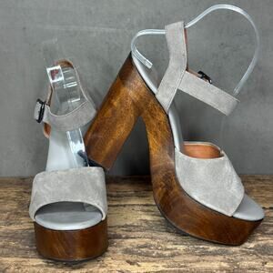 Lulus Gray Suede Wood Platform Ankle Strap Sandals Chunky Heel 70s Retro 8.5